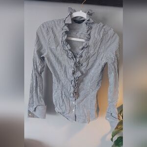 Express Navy and White Striped Ruffle Shirt